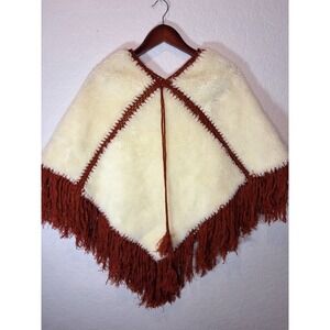 Vintage 1970s Handmade Faux Fur Poncho, Red/Ivory